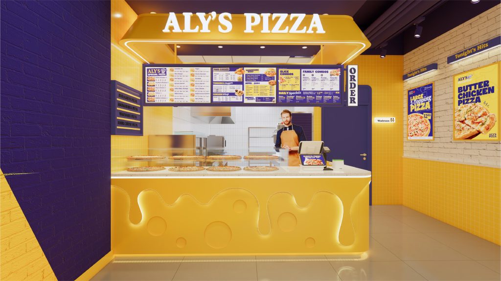 Aly’s Pizza 店内空间，含街灯灯饰与芝士主题前台