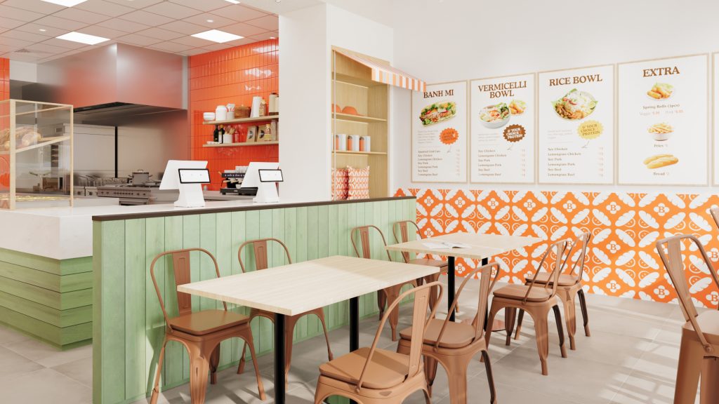 Banh Mi World interior with brand story wall and customer message board
