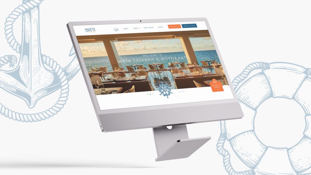 WATR Taverna & Ristorante 网站设计，海滨地中海餐厅官网首页，航海主题滨海餐饮品牌体验