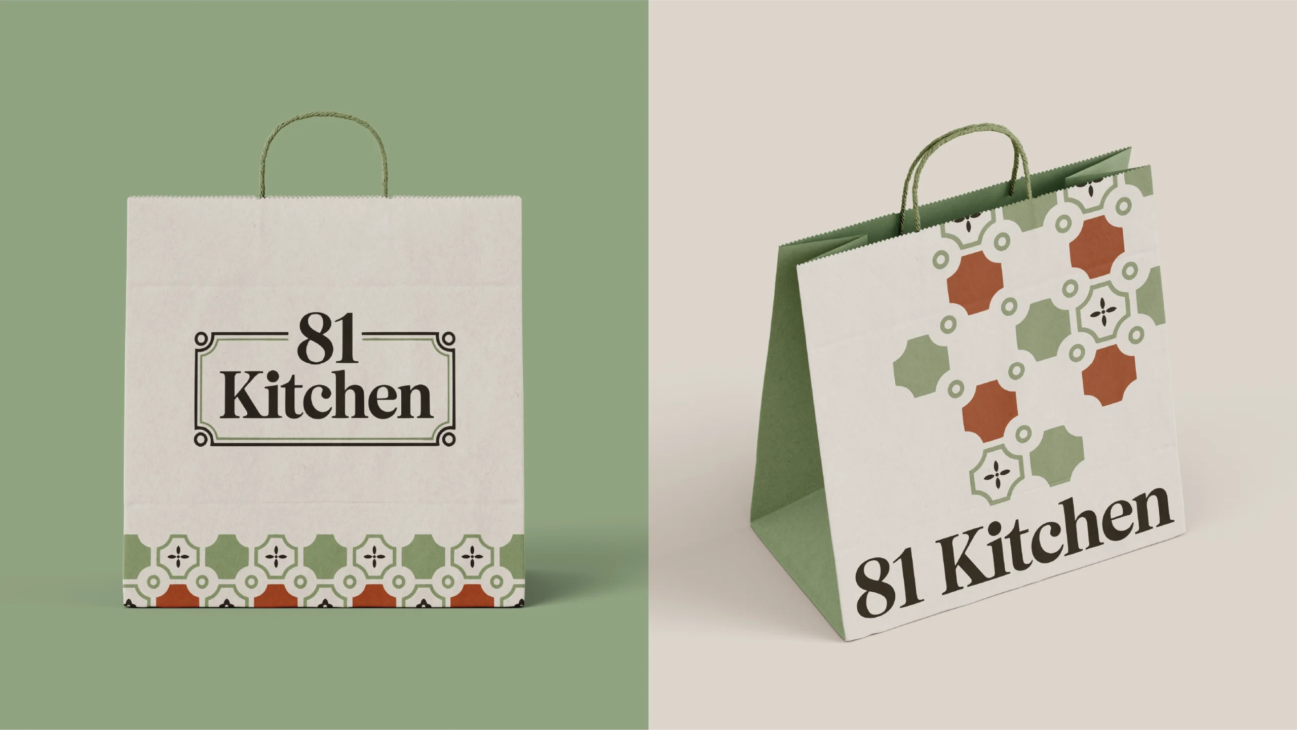 Two beige paper bags with rope handles; front bag shows '81 Kitchen' logo with a decorative border and tile border at the bottom.