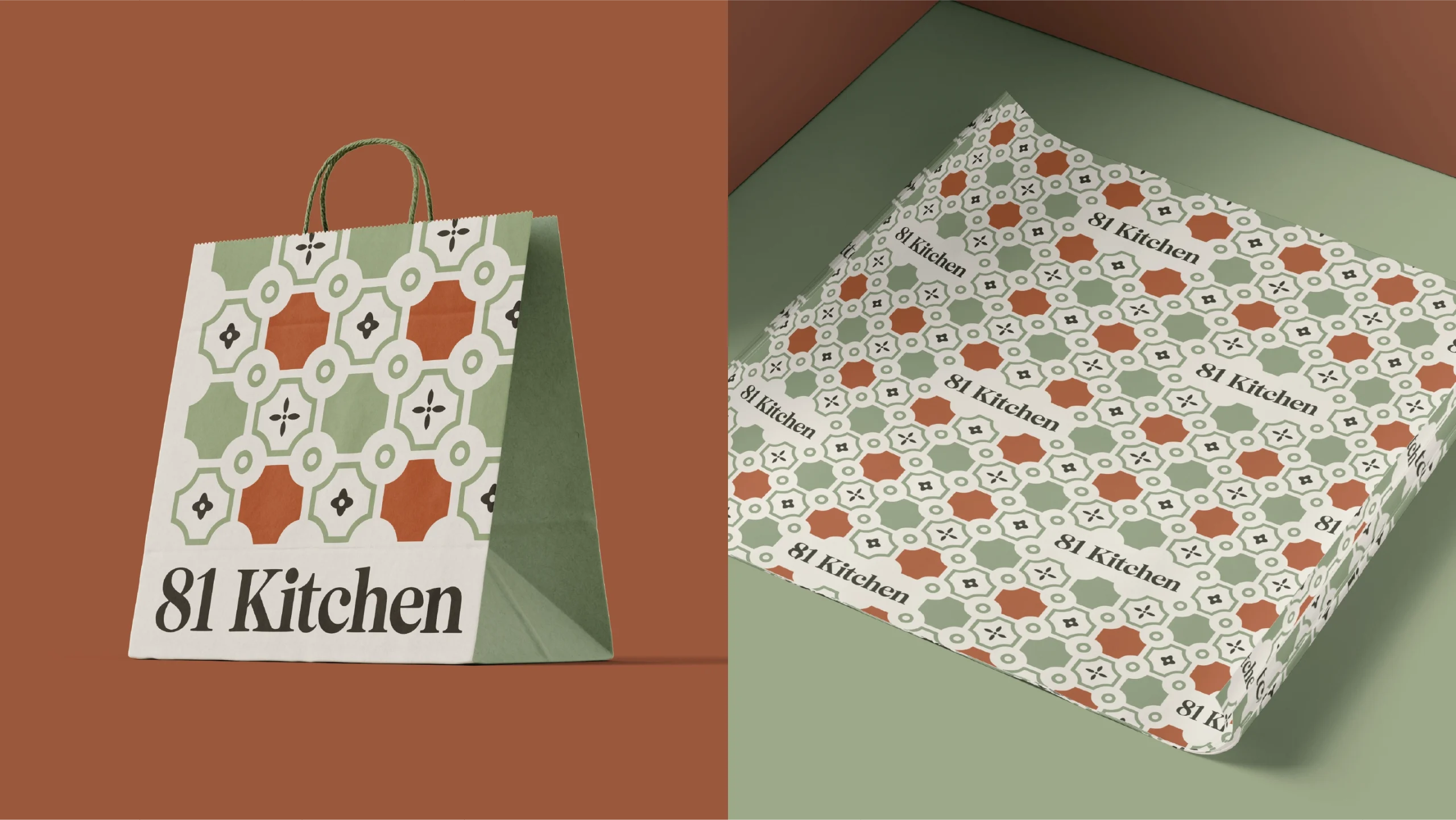 Two 81 Kitchen packaging designs: a patterned shopping bag on the left with a rope handle and bold '81 Kitchen' text, and a matching patterned box on the right placed on a green surface.