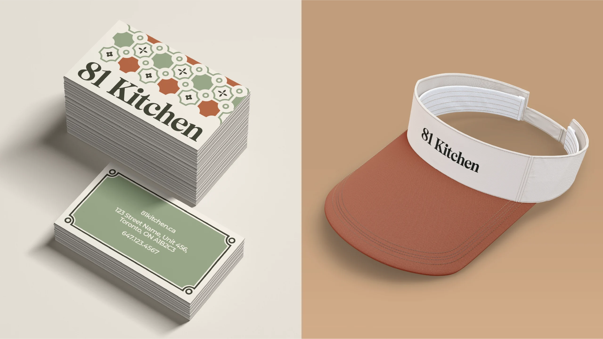 Split-branding image: left shows stacked business cards with an '81 Kitchen' pattern; right shows a white visor with brown brim and '81 Kitchen' text.