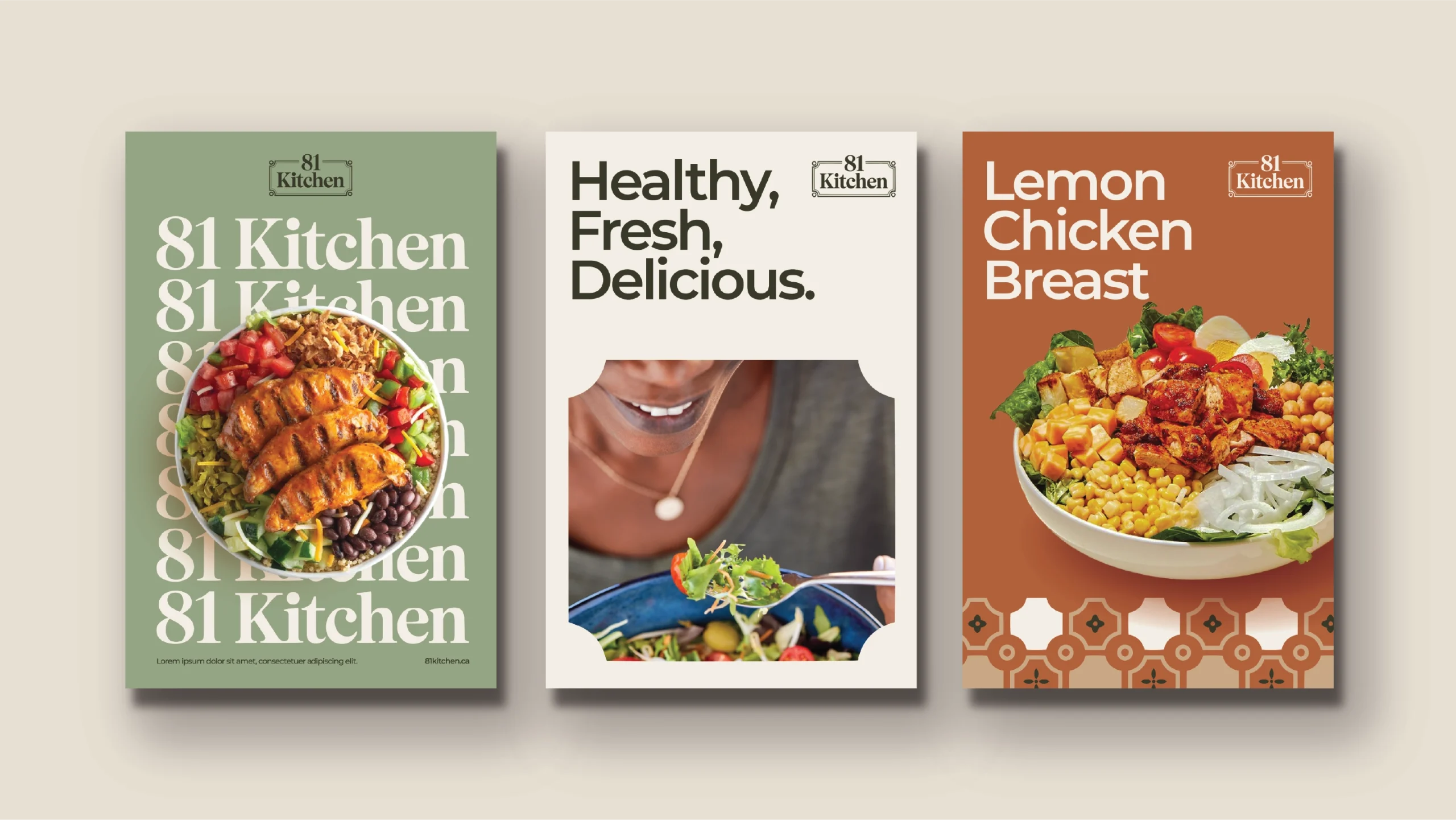 Triptych posters for 81 Kitchen showing two colorful bowls of food and bold text across three panels (green, white, orange).