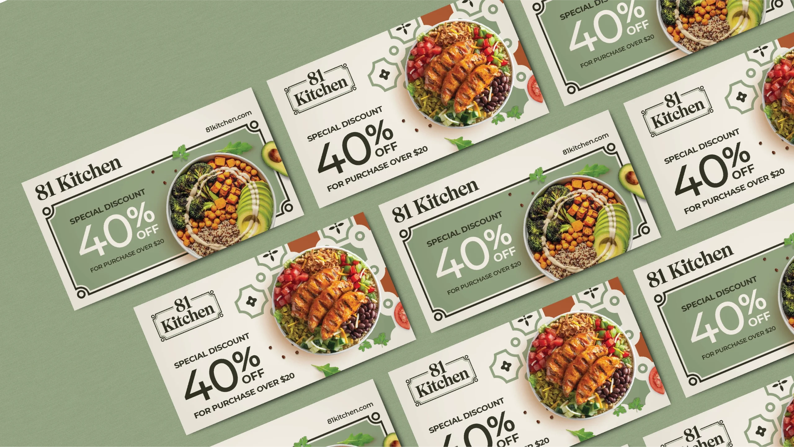 Promotional cards for 81 Kitchen offering 40% off on purchases over $20, featuring bowls with grilled chicken and vegetables.