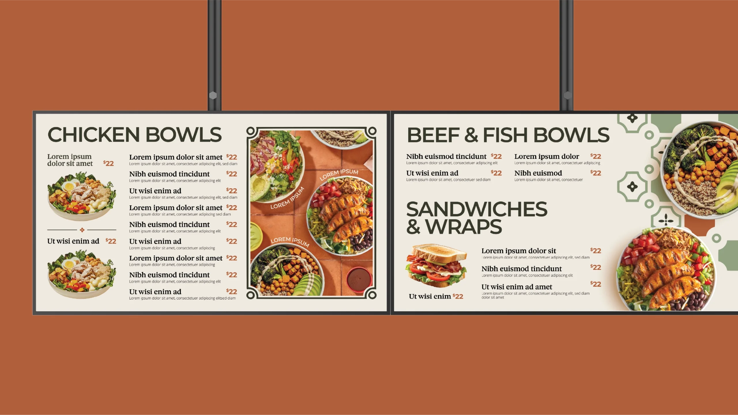Two-panel restaurant menu: left side chicken bowls, right side beef & fish bowls with sandwiches; includes dish photos and prices