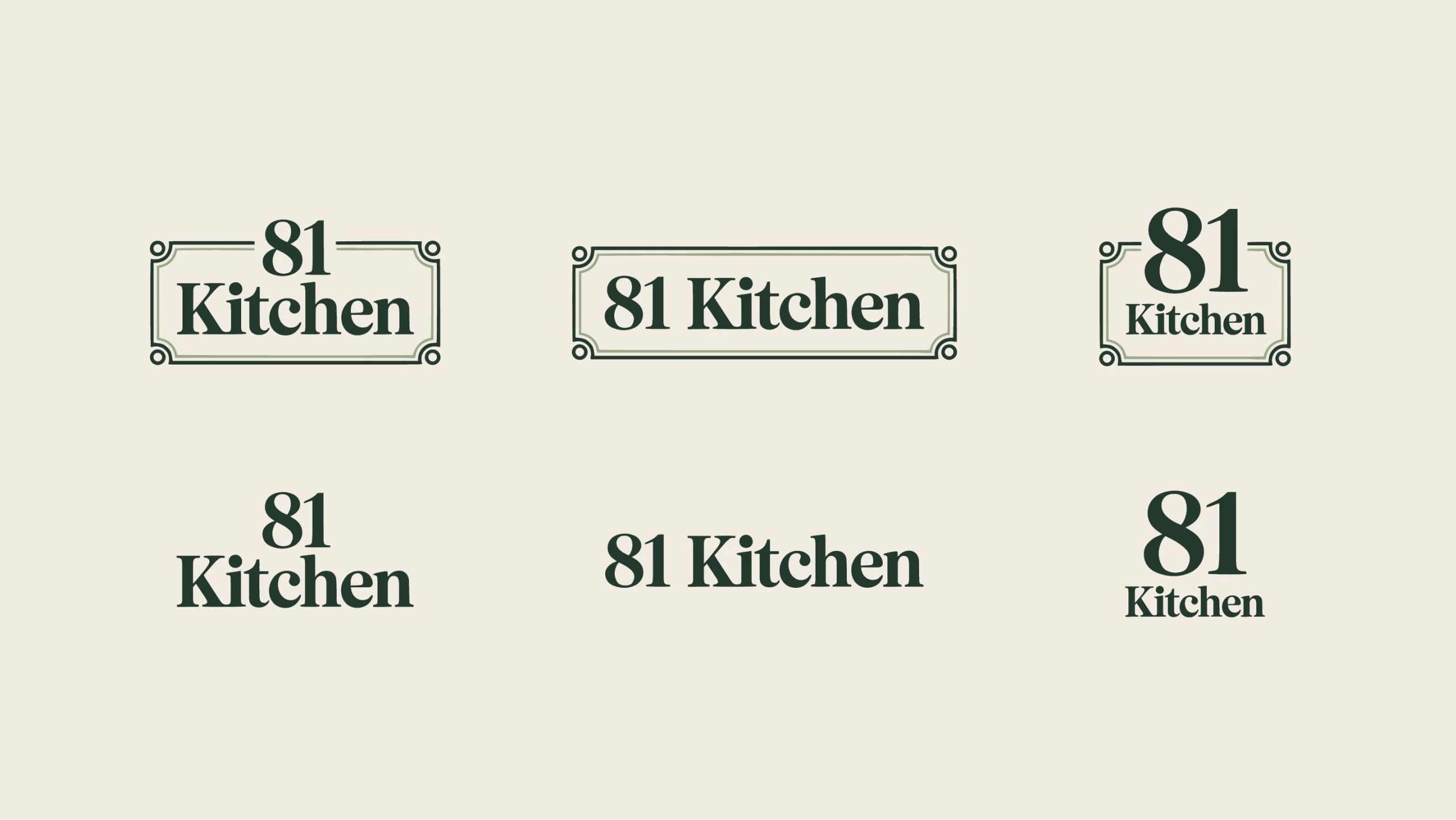 Six variations of the '81 Kitchen' logo with vintage frame borders.