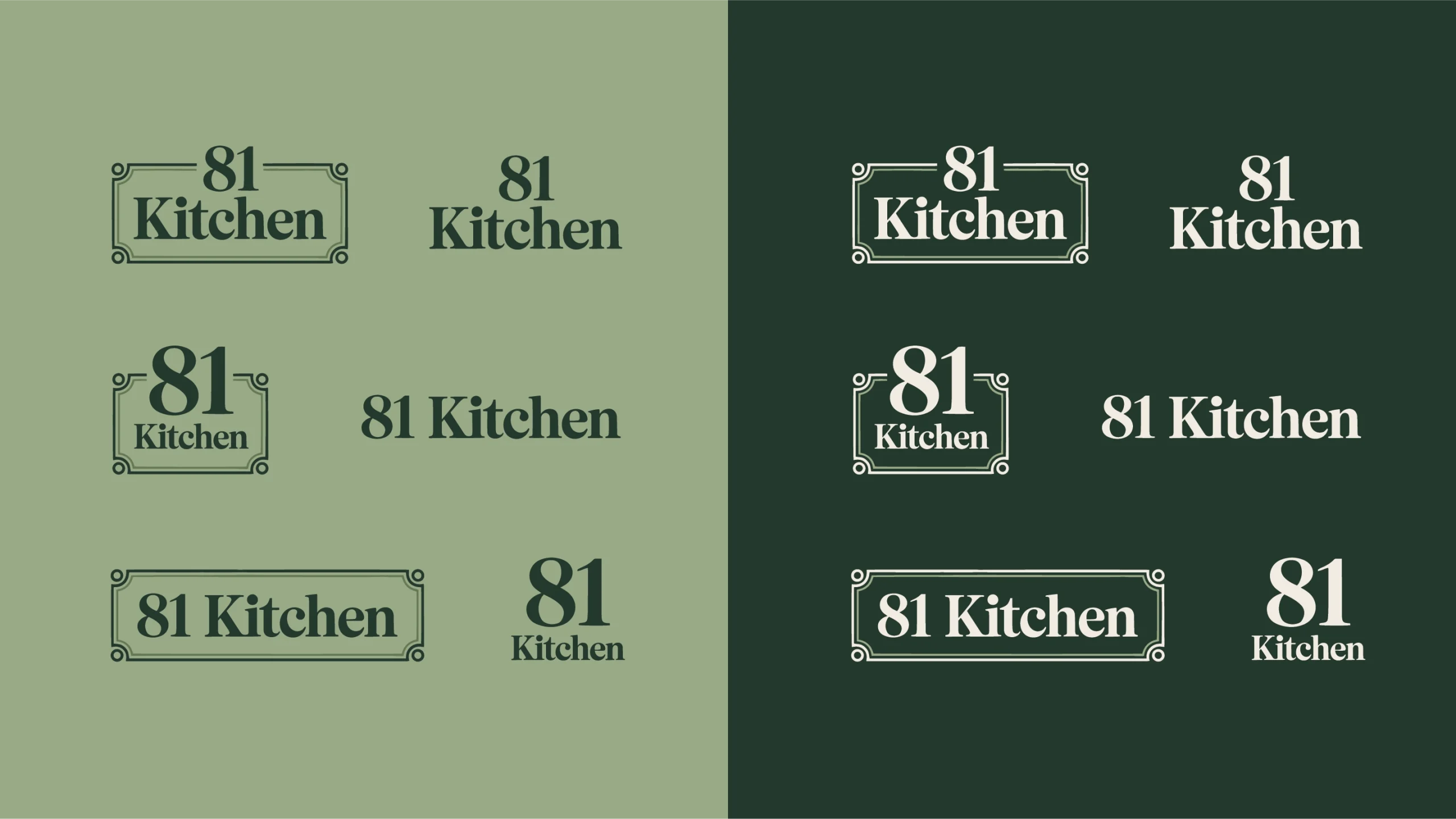 Nine logo mockups for '81 Kitchen' shown in a 3x3 grid on split green backgrounds (left light sage, right dark forest). Variations include different typefaces and framed vs. unframed designs for branding options.
