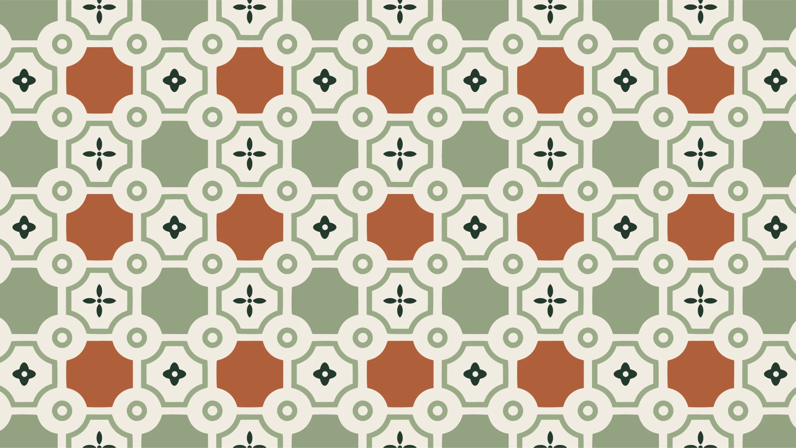 Decorative geometric tile pattern with interlocking circles and quatrefoil shapes in green, cream, and rust.